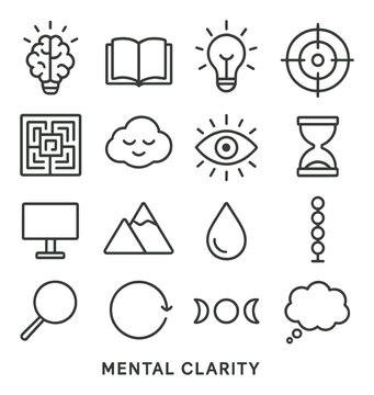 Mental clarity linear style icon collection. mindfulness, focus, and meditation set