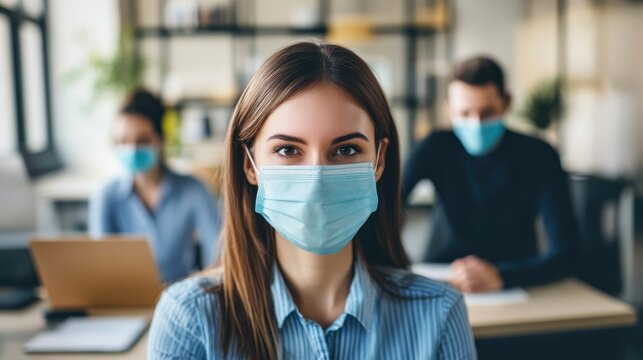 Young businesspeople with face masks working indoors in office, greeting. illustration , no logos, no brands