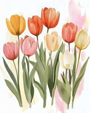 Fototapeta Soft watercolor tulips in spring color palette