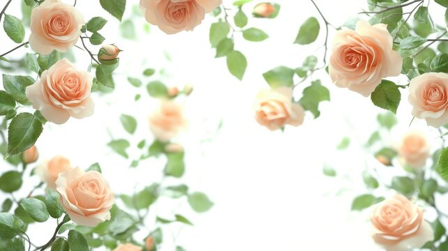 Elegant soft peach and cream roses with delicate leaves and branches on a white background perfect for floral arrangements romantic decor and beauty themes