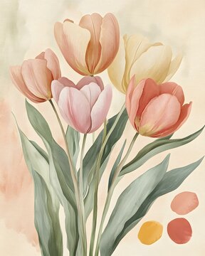 Fototapeta Soft watercolor tulips in spring color palette