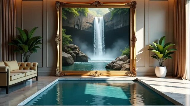 Realistic animation of a framed waterfall painting inside a luxury interior. The water flows only within the artwork, creating a serene and immersive living canvas effect.