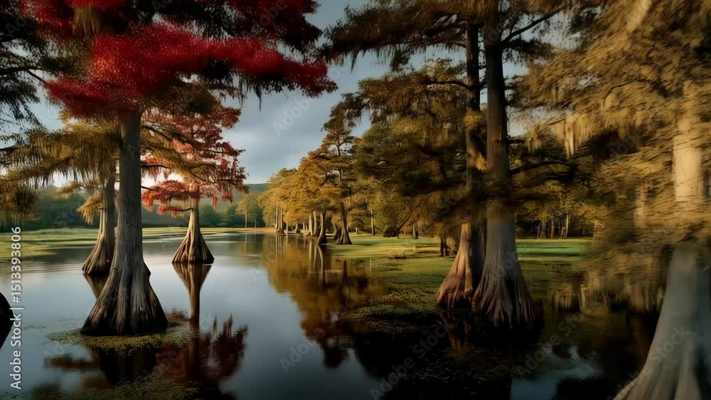 Poster scenic swamp landscape with cypress trees reflecting in calm water under a cloudy sky, creating a se