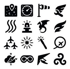 Weather and aviation silhouette icon collection. forecast and flight symbols set