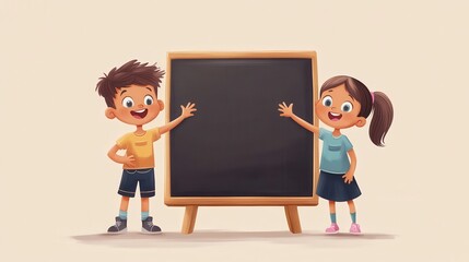 Cute boy and girl learning playfully in frot of a big blackboard. Studio shot on beige background. illustration , no logos, no brands