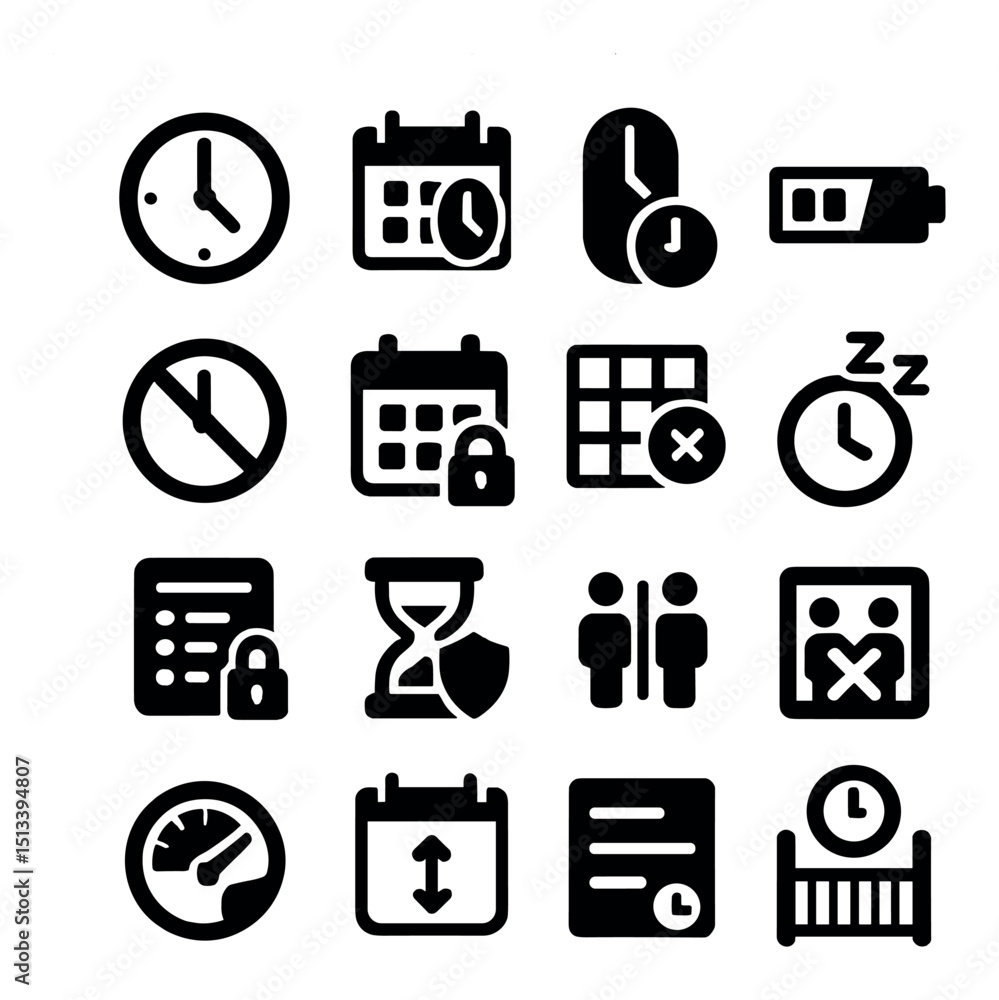 Poster time management and scheduling icon collection in silhouette style. planning tools set