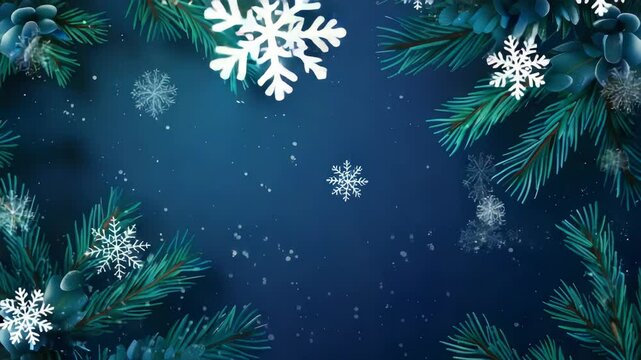 A dark blue winter background featuring evergreen branches and delicate snowflakes. Sparkling specks of snow add a magical touch, perfect for creating a festive holiday atmosphere.