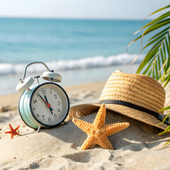 Beach Vacation Time: Alarm Clock, Sun Hat, and Starfish on Sandy Shore on isolated background