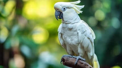 Obraz premium White parrot sitting calmly in urban environment as a pet bird, featuring close-up view of its feathers and beak with city buildings in the background, ideal for exotic pet themes and urban wildlife c