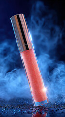 Shimmering lip gloss tube stands elegantly against dark misty background, radiating magical glow. sparkling texture and reflective surface create enchanting visual appeal