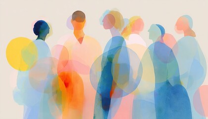 Group of figures depicted in watercolor hues, standing together in a soft, dreamlike composition.