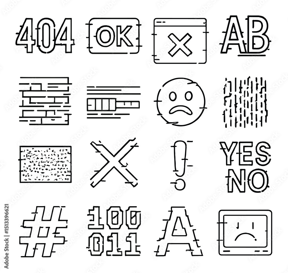 Poster digital glitch linear icon collection. distorted symbols and error interface set