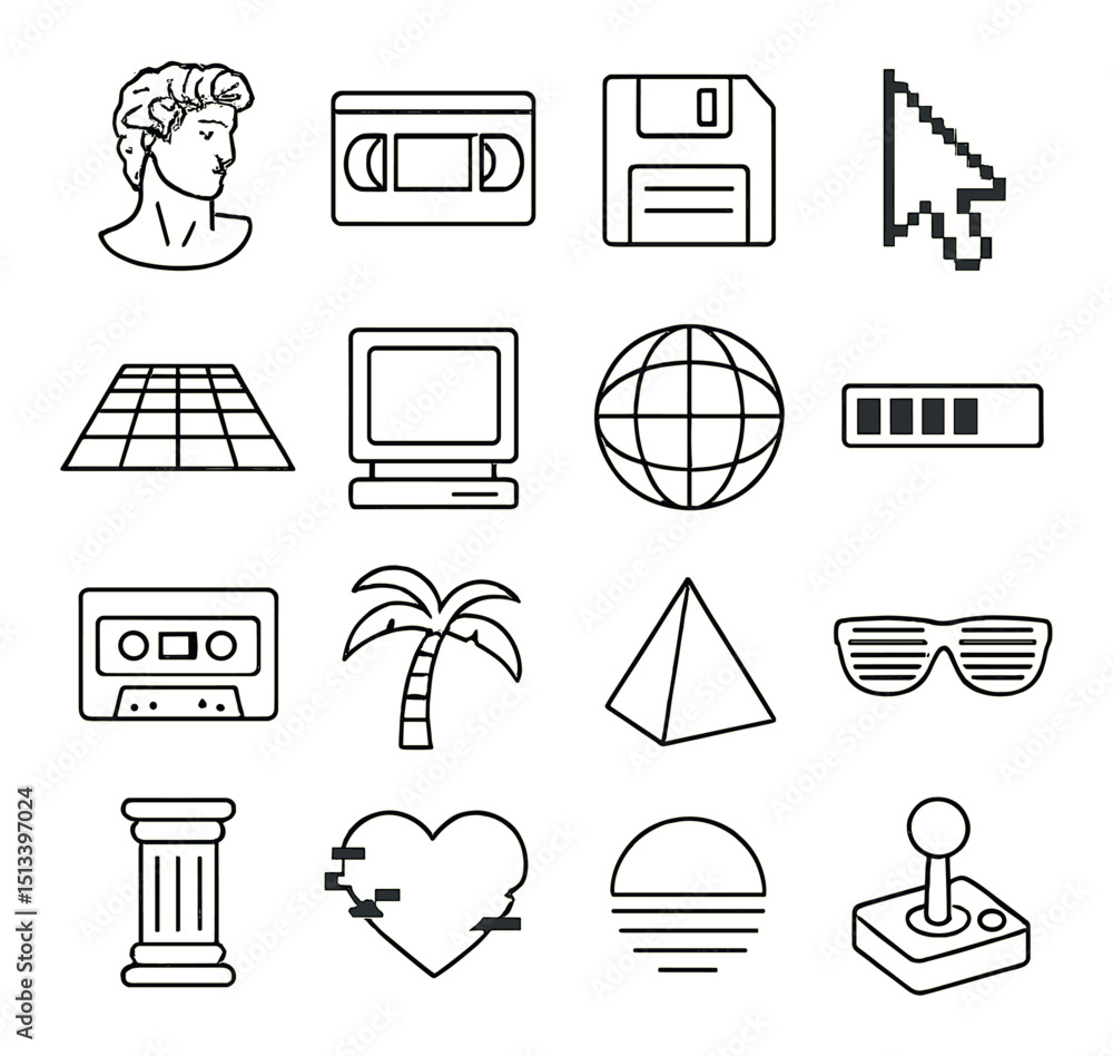 Aufkleber retro technology icon collection in linear style. vintage computing symbol set