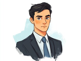 Illustration of a young man in a suit with a determined gaze. He is drawn in a cartoon-like style.