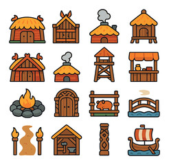Medieval village flat icon collection. historical, rustic and ancient style set