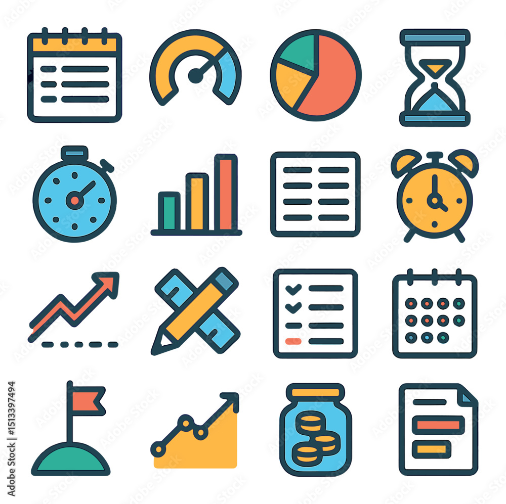 Poster office productivity flat icon collection for task management and efficiency tools