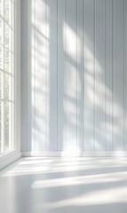 Obraz premium Sunlit Wall: Interior detail of a light-filled room featuring vertical paneled walls and a bright, airy feel.