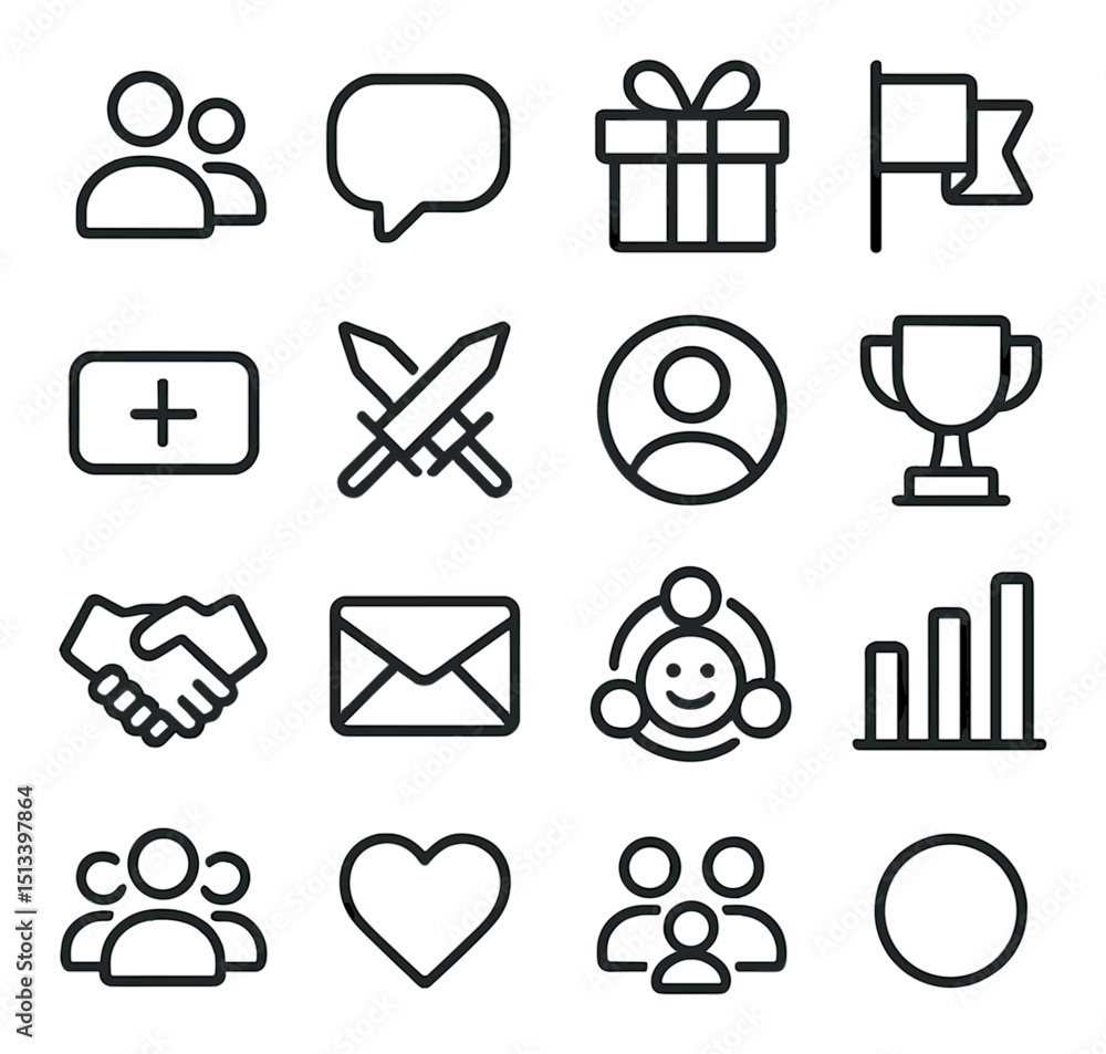 Poster business and communication icon collection in linear style. office and teamwork symbols