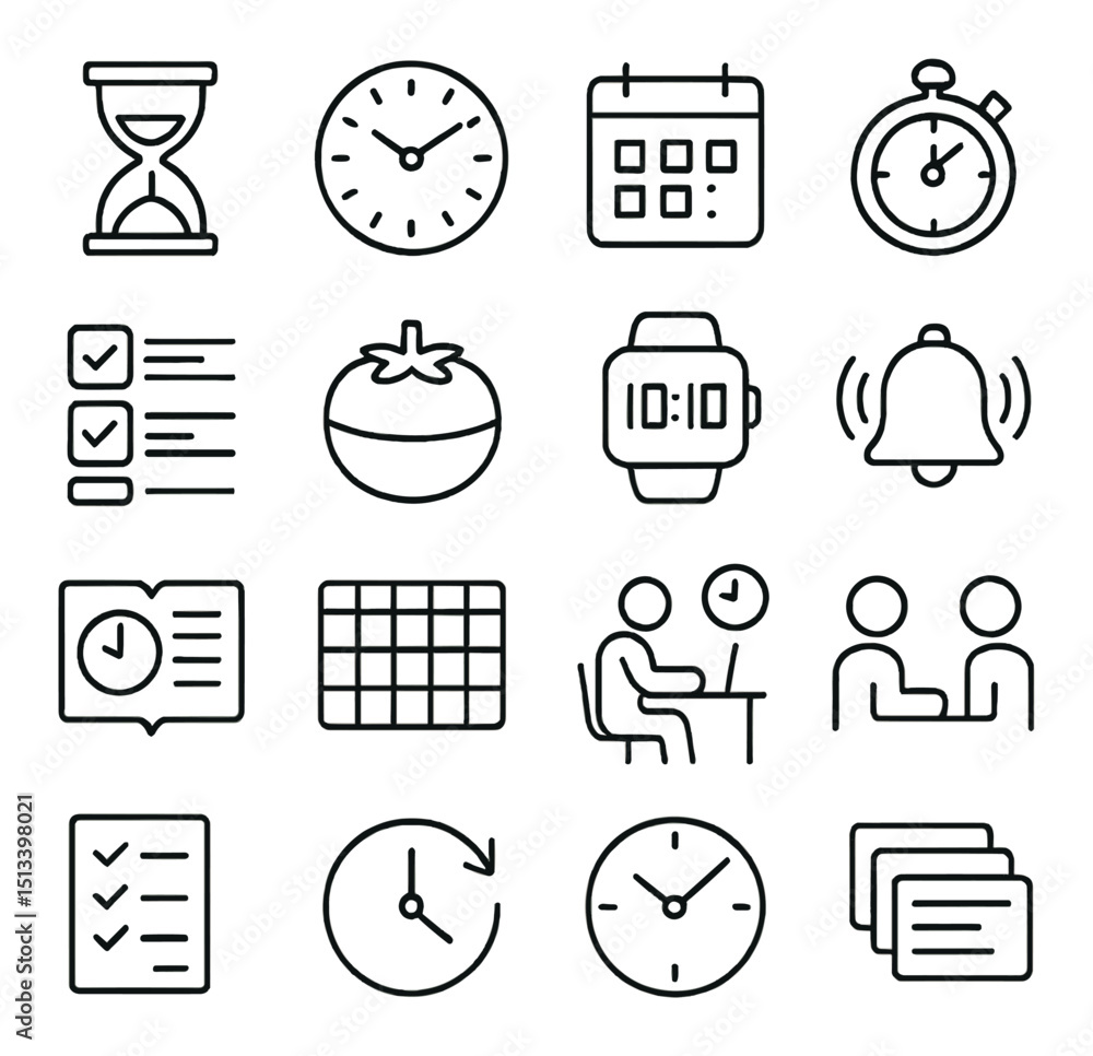 Poster time management and planning linear style icon collection for organization tools set