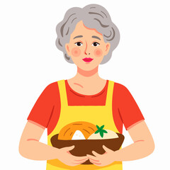 Elderly woman joyfully holding family recipe bowl, cherished memories