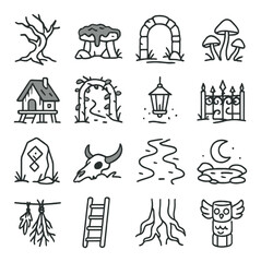 Forest adventure linear icon collection. woodland, nature, and hiking symbol set