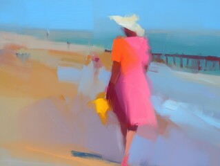 A woman in vibrant clothing strolls along a sandy beach, with a tranquil ocean view in the background.