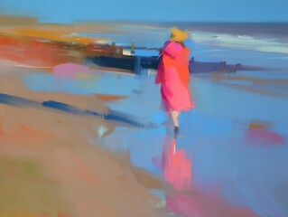 Impressionistic beach scene featuring a figure in pink walking along the shoreline reflecting on wet sand.