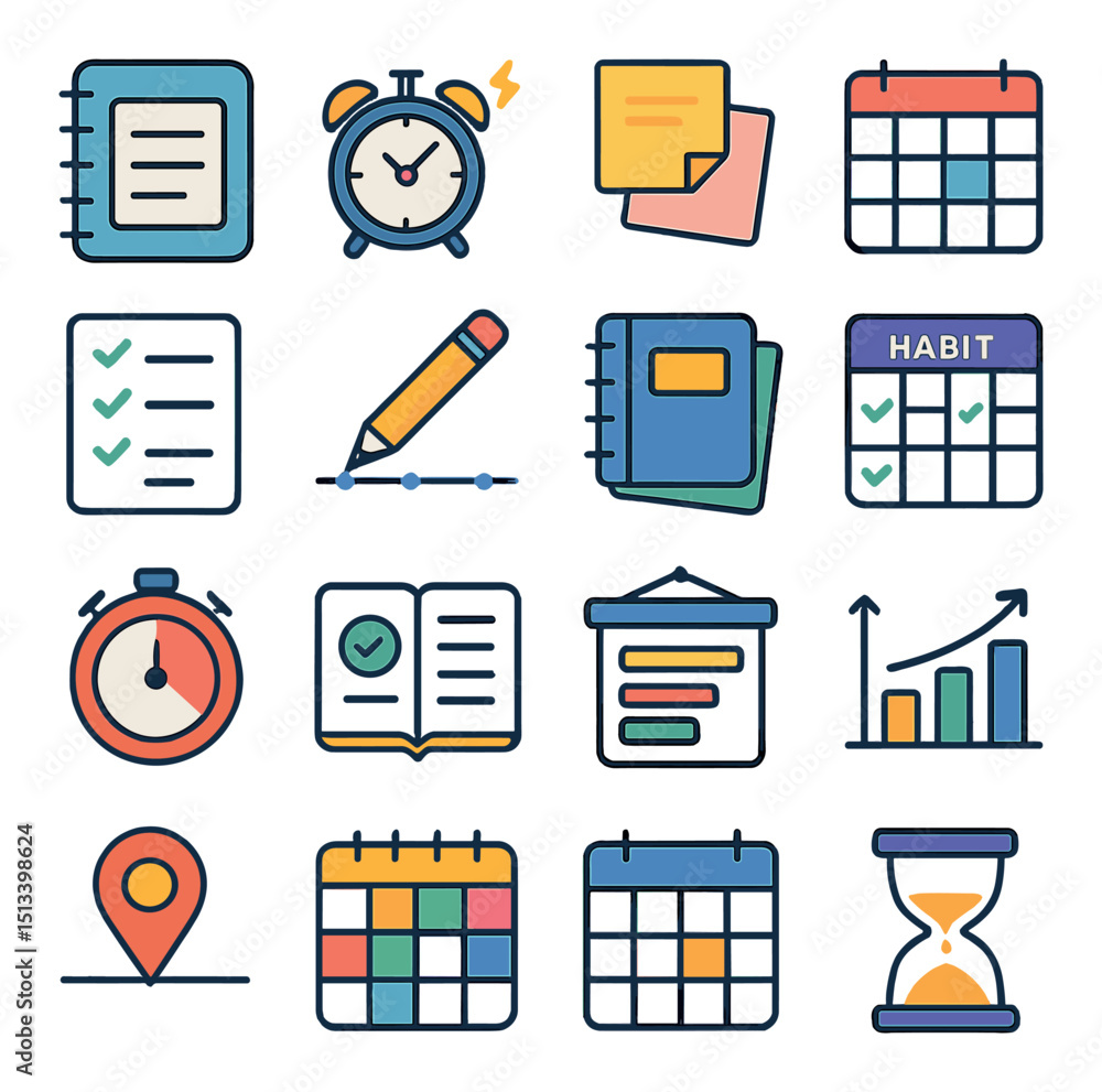 Poster time management and productivity flat icon collection. task organization set