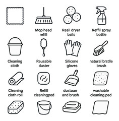 Cleaning essentials icon collection: flat, minimalist, and household cleaning tools set