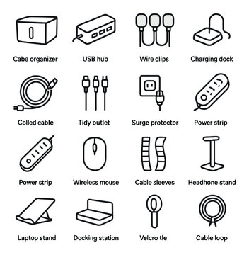 Office organization linear icon collection. workspace, cable management essentials