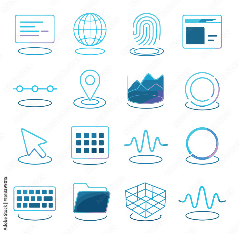 Poster technology and security neon icon collection. digital and network flat style set