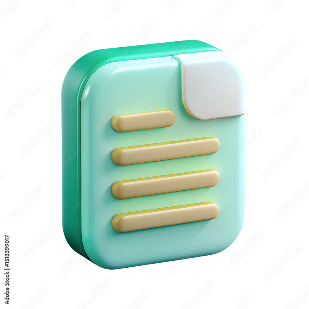 Poster 3d rendered document icon with lines of text in a vibrant plastic style with glossy effects over bla