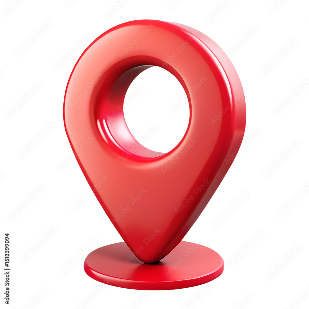 Poster 3d rendering of a glossy red location marker or pin icon in a plastic-style aesthetic representing n
