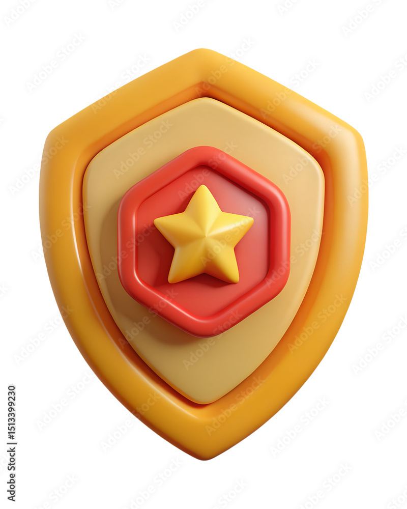 Poster a 3d rendering of a layered shield icon with a central star emblem designed in a plastic-style with 