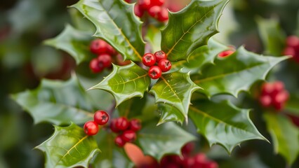 Obraz premium Close-Up of Holly Leaves and Berries – Traditional Christmas Plant