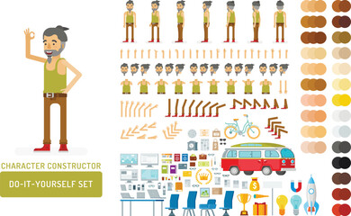 Vector young adult hipster man in tank top shirt do-it-yourself creation kit. Full length, gestures, emotions - all character constructor elements for building your own design for infographic illustra