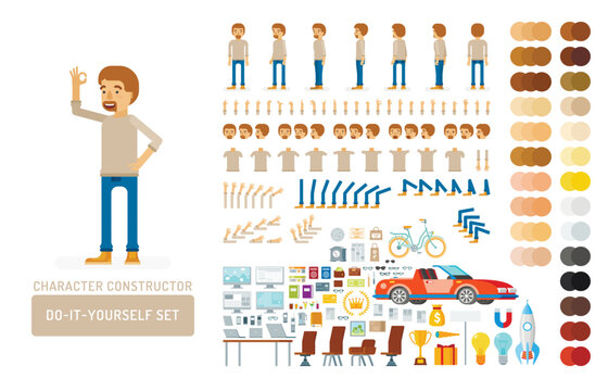 Vector young adult man in pullover do-it-yourself creation kit. Full length, gestures, emotions - all character constructor elements for building your own design for infographic illustrations.