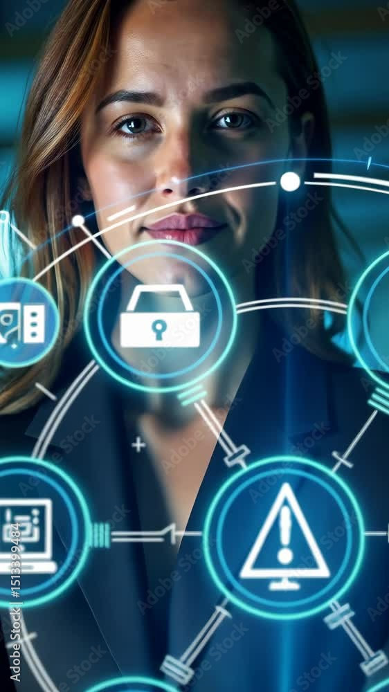 Poster a person with a hologram displaying various icons symbolizing technology, front view, bright lightin