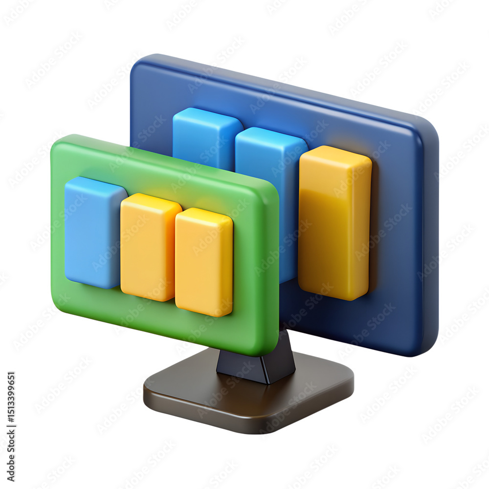 Aufkleber a modern 3d render of two computer monitors displaying colorful bar graphs visualizing business data