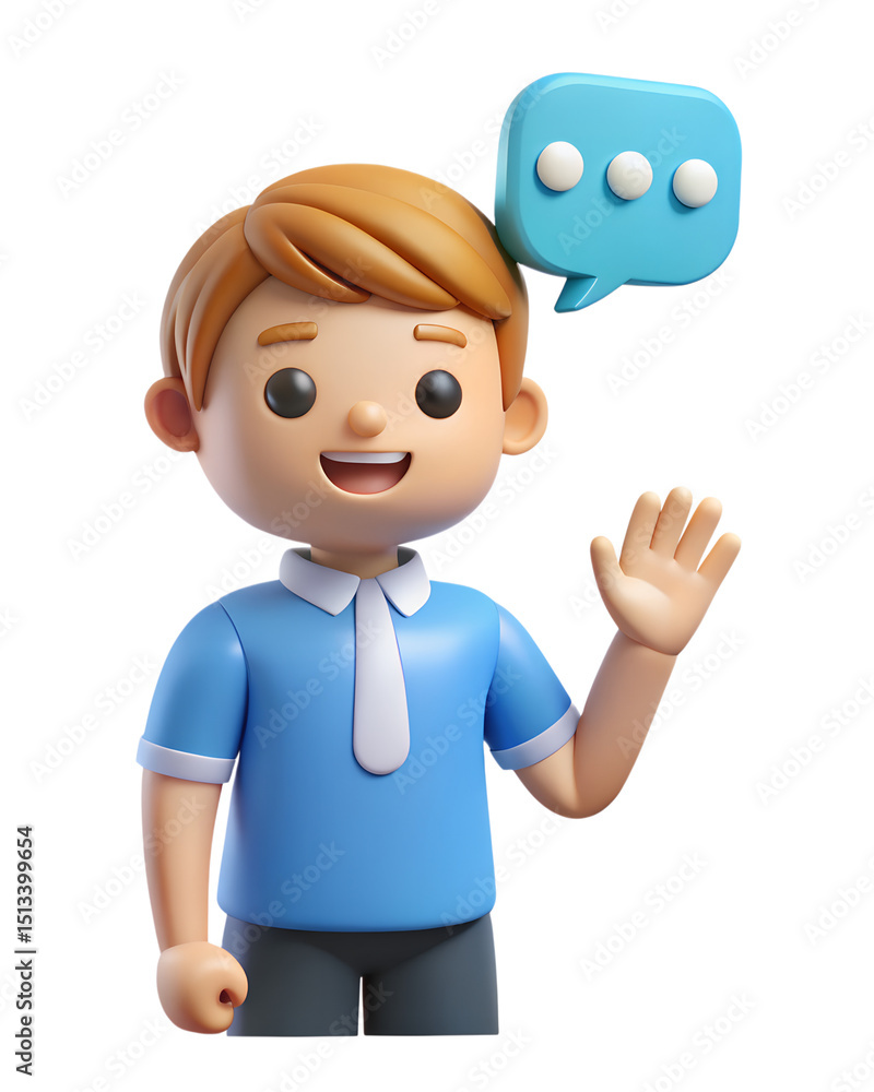 Poster a friendly 3d rendered cartoon boy waving with a speech bubble suggesting communication and interact