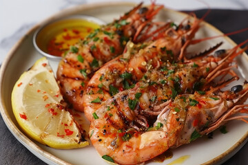 Grilled River Prawns with Spicy Thai Seafood Sauce and Lemon Garnish Delicious grilled river prawns served with spicy Thai seafood sauce, garnished with fresh herbs and lemon slices. A perfect represe