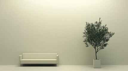 Empty room with a light beige sofa and a small potted tree.