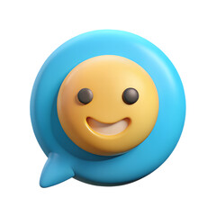 Fototapeta premium A vibrant 3d rendered happy emoji face encased in a blue speech bubble icon isolated on a black background expressing positive emotions and social communication