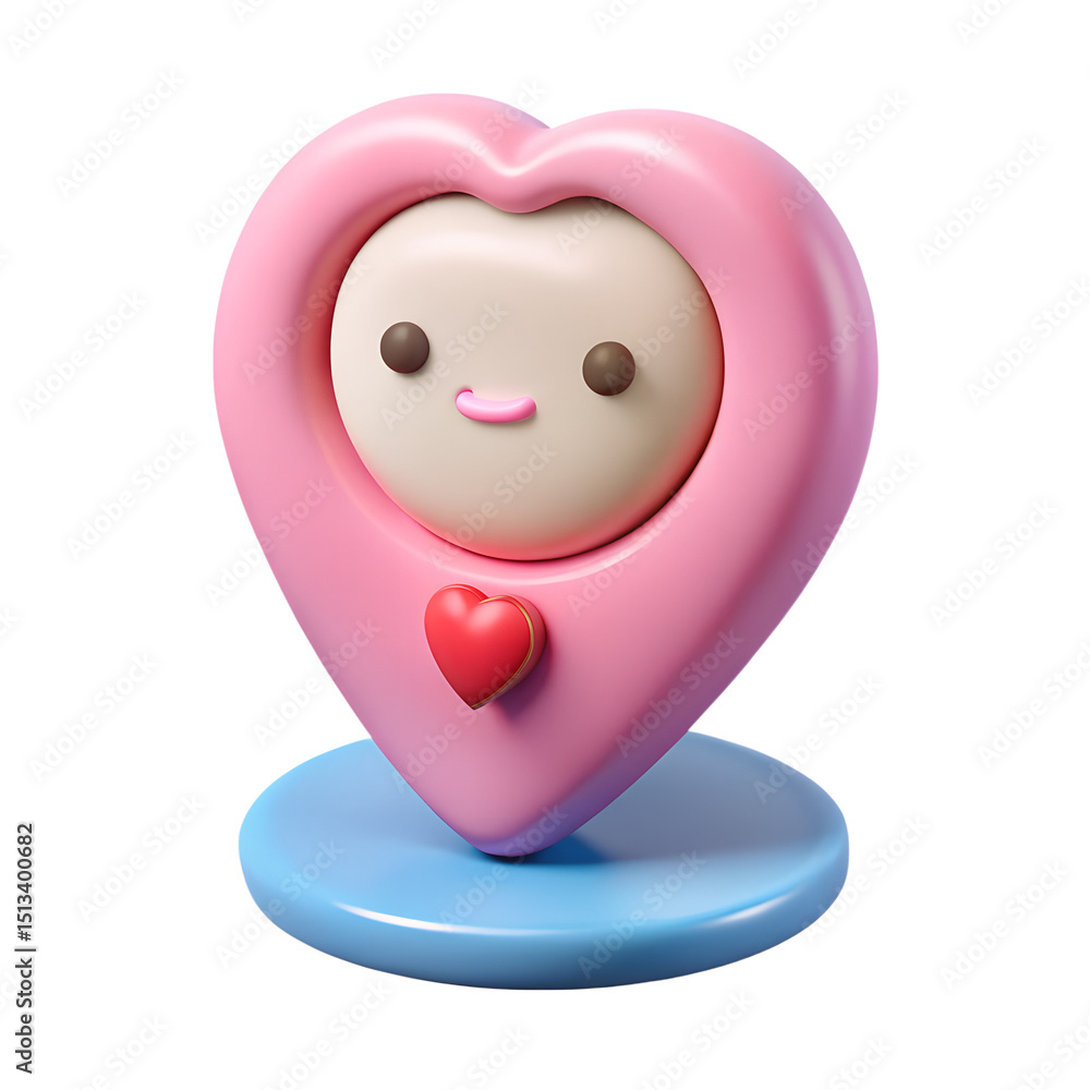 Poster adorable 3d rendering of a cute heart-shaped character icon with a playful smiling face representing