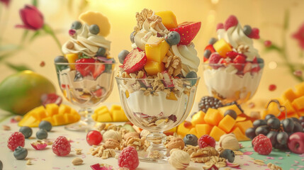 Obraz premium Colorful Fruit-Topped Sundaes from Unique Perspectives