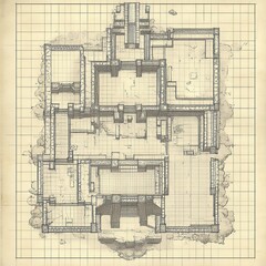 Architectural floor plan on graph paper. Hand drawn residential or commercial design blueprint for structure.
