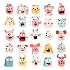 Cute Fluffy Cartoon Monster Faces Colorful Expressive Characters Whimsical Playful Designs with Silly Expressions Adorable Quirky Creature Illustrations and Vibrant Monster Avatars