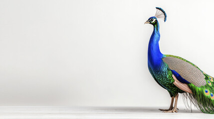 Fototapeta premium Majestic peacock displaying vibrant feathers, showcasing beauty and elegance in serene setting