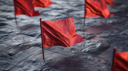Concept of fraud warning. Small red flags are placed on a textured surface, creating a striking visual with a sense of alertness and concern.