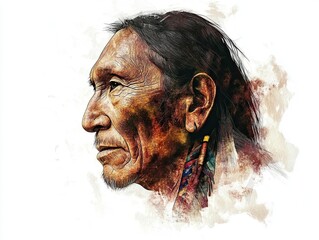 Native American elder in profile, painted with vibrant colors and rich detail. A study of history.